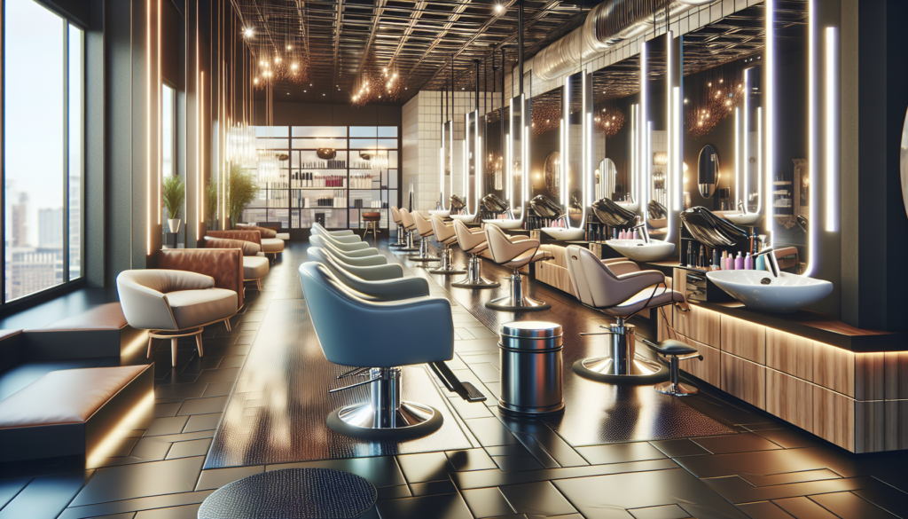 A modern, stylish hair salon interior showcasing various high-end salon furniture, including elegant salon chairs, sleek workstations with large mirrors, luxurious washing stations, and comfortable wa