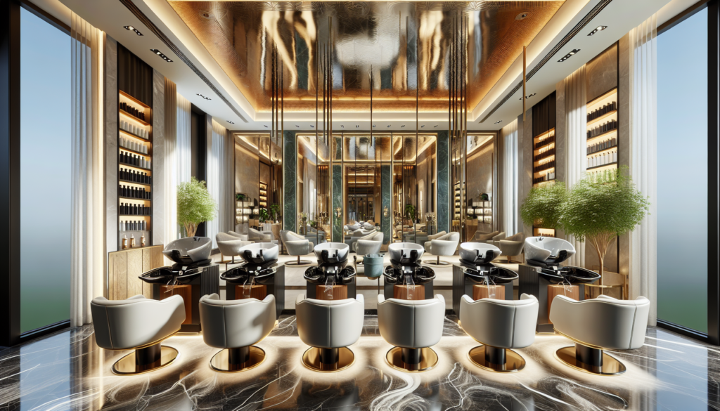 Create a detailed, high-resolution image of a modern, luxurious salon interior. Include plush, stylish salon chairs with built-in massage functions, sleek hair washing stations with reclining chairs a
