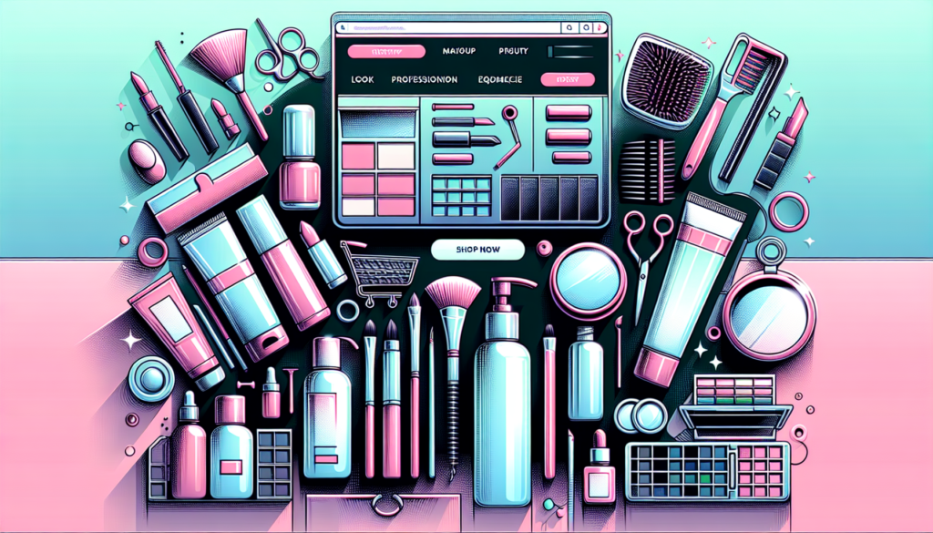 Create an image of a sleek, modern website interface showcasing a diverse range of professional beauty supplies. Display high-quality images of products such as makeup kits, skincare items, hair styli