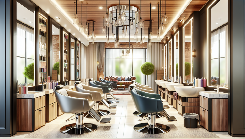 A luxurious hair salon interior showcasing high-quality, modern salon furniture including sleek styling chairs, elegant mirrored stations, comfortable wash basins, and organized storage units, all in
