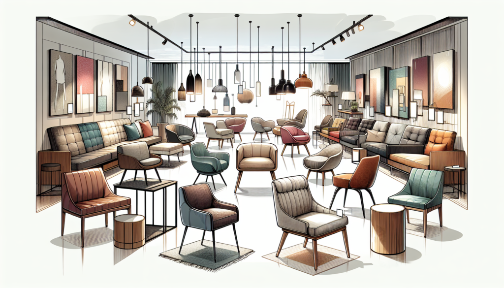 Create an image of a modern furniture showroom showcasing an array of stylish and contemporary chairs. The chairs should feature various designs, colors, and materials, including sleek minimalist styl