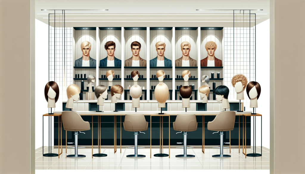 Create a high-quality image showcasing a variety of men's blonde wigs on display stands. The wigs should range from short to long styles, straight to curly textures, and different shades of blonde. Th
