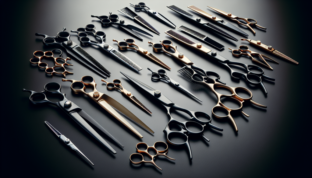 Create a high-resolution image showcasing a selection of top-tier professional hair shears arranged neatly on a sleek black surface. Emphasize their sharp blades, ergonomic designs, and polished finis