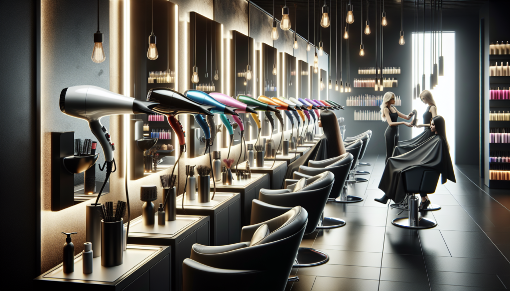 Illustrate a sleek, modern salon setting with multiple high-end hair dryers displayed on a stylish vanity. Include professional hair stylists actively using these hair dryers on clients with various h