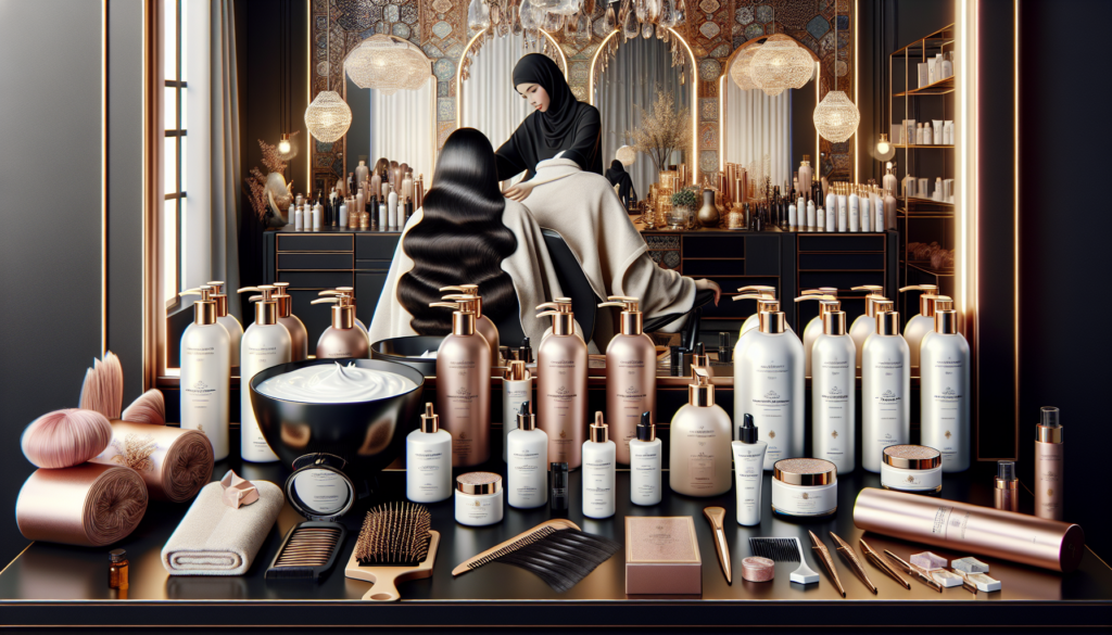 A beautifully arranged vanity featuring an assortment of top salon hair products, including shampoos, conditioners, serums, and styling tools. The scene is set in an elegant, modern salon with stylish