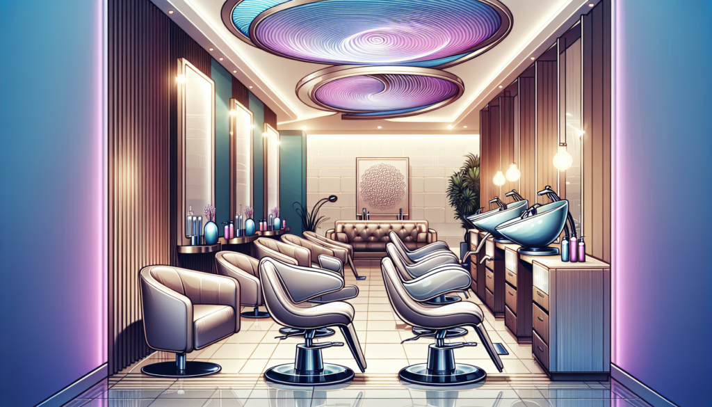 Create an image of a chic, modern salon interior featuring luxurious shampoo bowls and ergonomic chairs designed for maximum comfort. Highlight the sleek, stylish design of the furniture, with gleamin