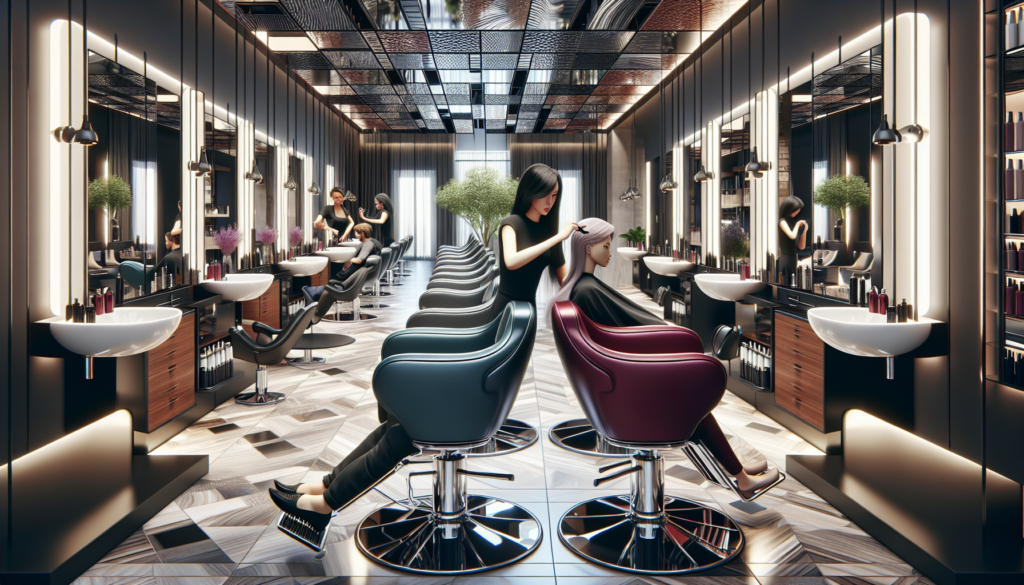 A high-end, modern hair salon featuring a variety of stylish and ergonomic salon chairs. The chairs have sleek designs, with chrome accents and luxurious upholstery in vibrant colors like deep burgund