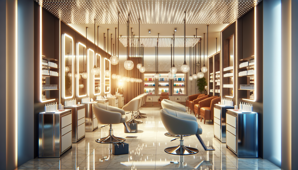 Create a bright and modern beauty salon with sleek, minimalist LED-lit stations, featuring elegant mirrors, comfortable salon chairs, and a stylishly organized array of beauty products. The ambiance s