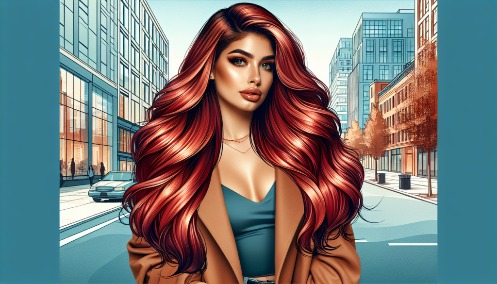 Create an image of a stylish woman with long, flowing copper red hair extensions. She is standing against a chic, urban background, possibly in a trendy city setting with modern buildings. The hair ex