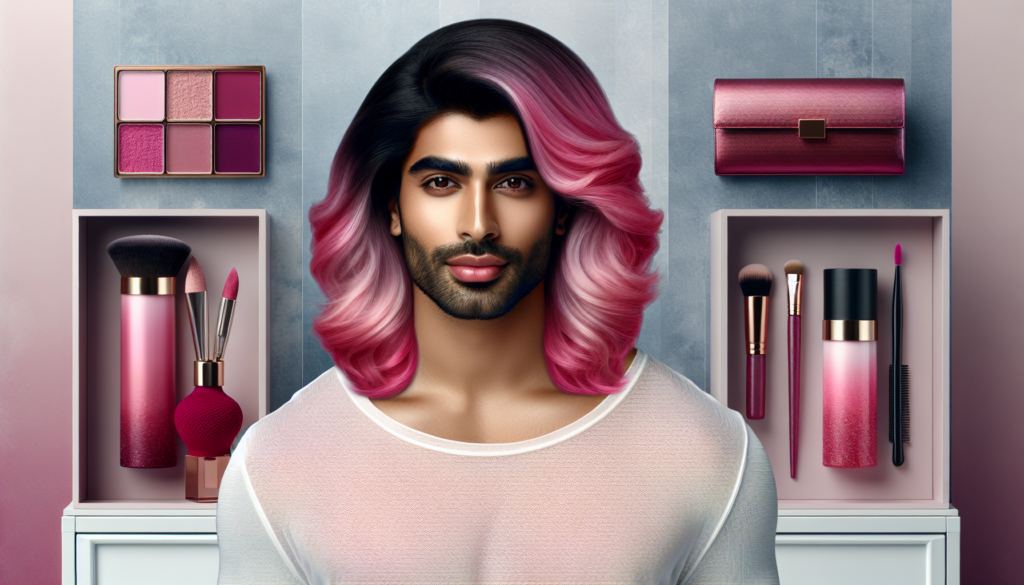 A vibrant, high-resolution image featuring a confident person wearing a stylish pink ombre wig that transitions from deep magenta at the roots to a soft pastel pink at the tips. The person is standing