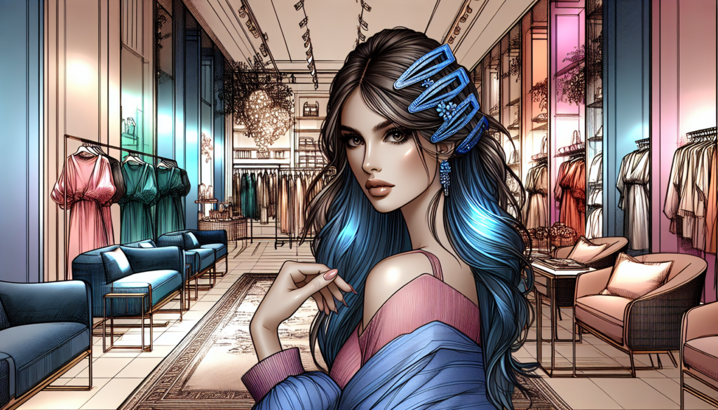 Create an image of a stylish woman with modern fashion, adorned with trendy blue hair clips that stand out in various designs and shades. The background should be a chic, well-lit boutique or a fashio