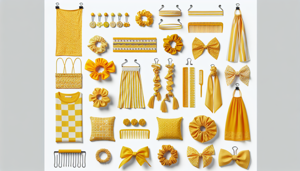A vibrant and stylish assortment of yellow hair accessories, including headbands, scrunchies, hair clips, and scarves, artfully arranged on a white background. Each piece features trendy designs, from