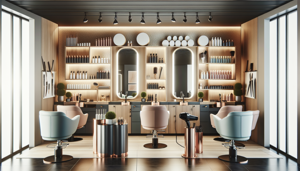 Create an image of a modern, chic hair salon styling station set-up. The scene should feature stylish salon chairs, mirrors with built-in LED lights, neatly organized shelves with high-end hair produc