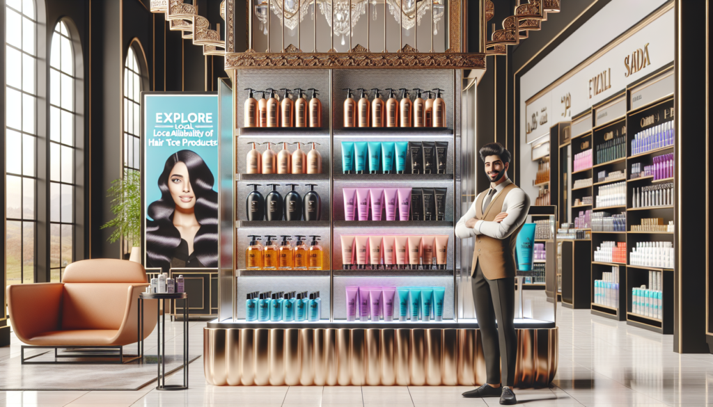 Create a vibrant and inviting storefront display of a chic beauty supply store featuring Oribe hair products. Highlight the luxurious packaging of the Oribe shampoos, conditioners, and styling product