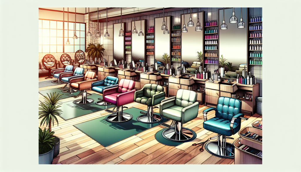 Create a detailed illustration of a modern salon interior showcasing various wholesale styling chairs. The image should highlight different designs, materials, and colors of the chairs, arranged neatl