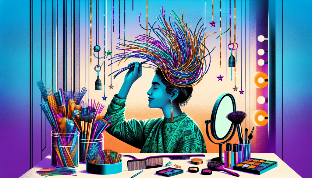 Create a vibrant and captivating image of a person styling their hair with a tinsel hair kit. Show a variety of shimmering, colorful tinsel strands being woven into the hair, adding sparkle and flair.