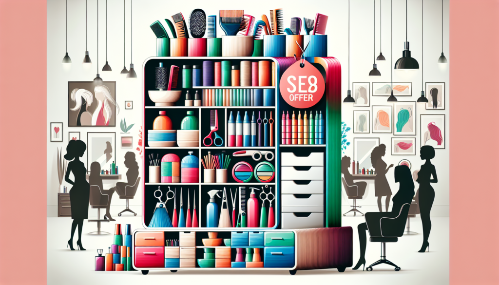 Create an image of a stylish and functional hairdressing trolley on sale, placed inside a modern salon. The trolley should have multiple shelves, drawers, and compartments filled with various hairdres