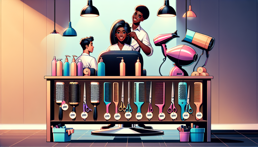 Create an image of a bright and inviting salon workspace. In the forefront, display a variety of affordable salon supplies like scissors, hair dryers, brushes, and combs neatly organized on a stylish