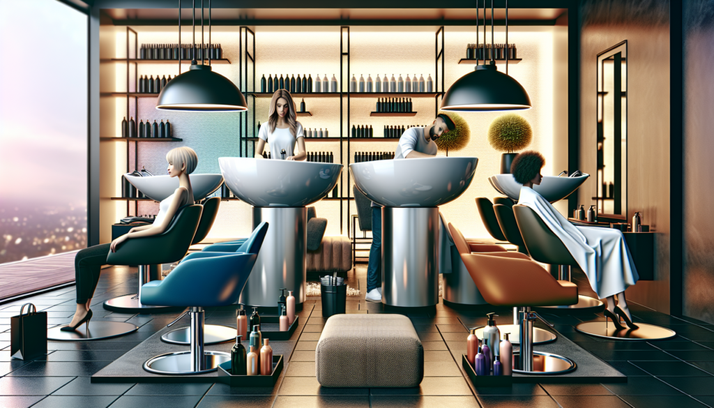 A modern, stylish salon interior featuring sleek, affordable shampoo bowls with comfortable, ergonomic design. The image showcases professional hairstylists using the bowls to wash clients' hair, with
