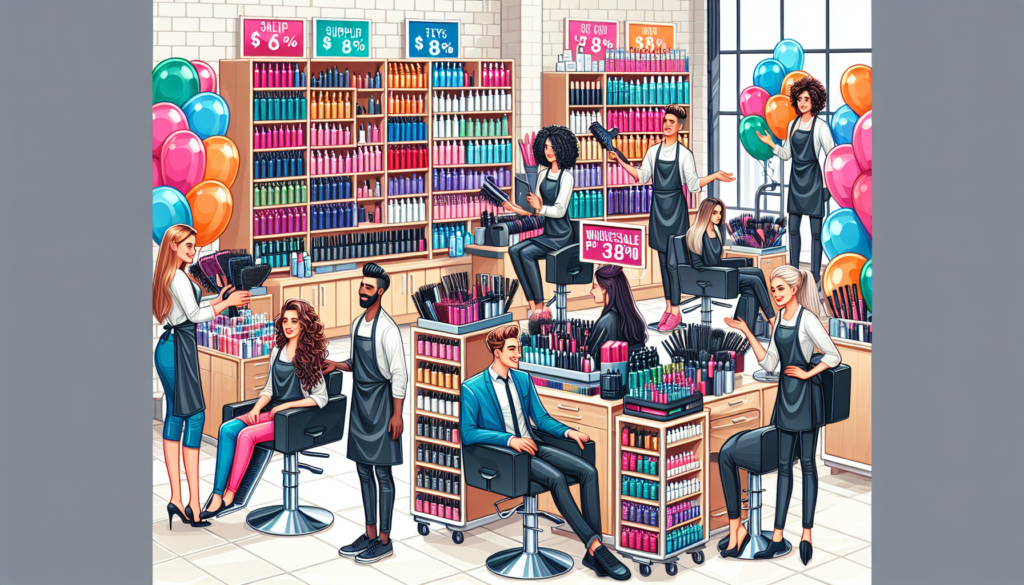 Create an image of a bustling salon with stylists actively at work. The scene includes a vibrant display of high-quality cosmetology supplies organized on shelves and carts, all marked with Wholesale