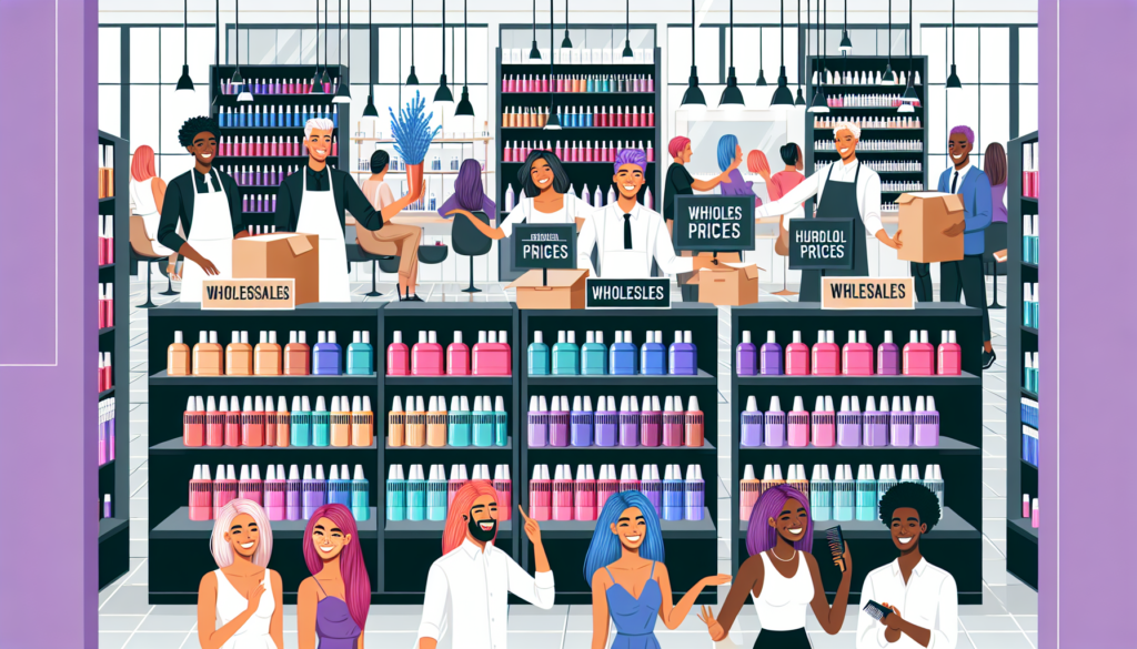 An inviting salon setting with shelves stocked full of vibrant hair color supplies, labeled with 'wholesale prices' and 'affordable rates,' hairstylists joyfully choosing products, and a backdrop of s