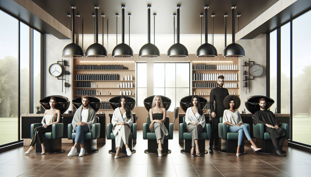 Create an image of a modern, stylish salon with several professional-looking wall-mounted hood dryers in action, attended by calm and satisfied clientele. The salon should have a sleek, clean design w