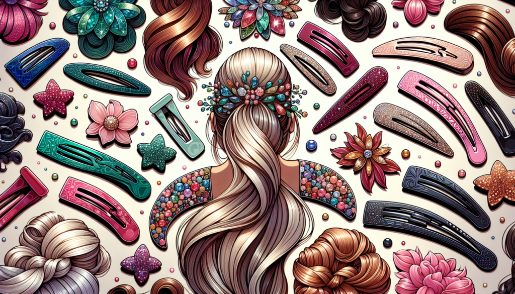 Create a vibrant and stylish image featuring a diverse collection of colorful hair clips. Include a variety of designs such as sparkly, floral, geometric, and whimsical patterns. Display these hair cl