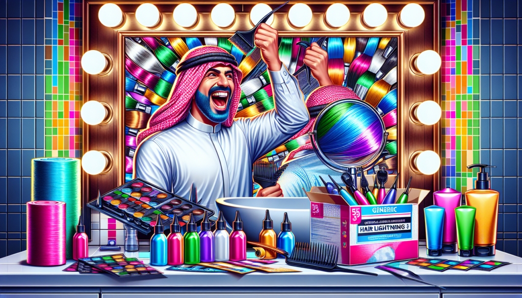 Create an image of a vibrant, stylish bathroom setting with a person happily using the Manic Panic Lightning Kit. The scene should include bright, cheerful colors, various hair dye products, and a mir