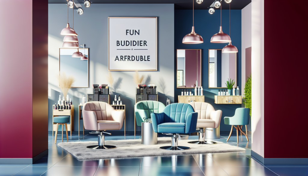 Create an image of a modern, budget-friendly salon with stylish and affordable chairs. The chairs should feature trendy designs, vibrant colors, and comfortable cushions. The salon interior should loo