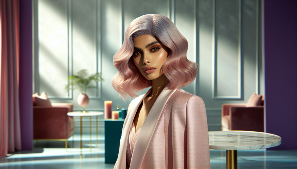 A high-fashion photoshoot featuring a stylish model wearing a chic light pink human hair wig. The background is a sophisticated, minimalistic setting with soft, ambient lighting. The model's attire sh