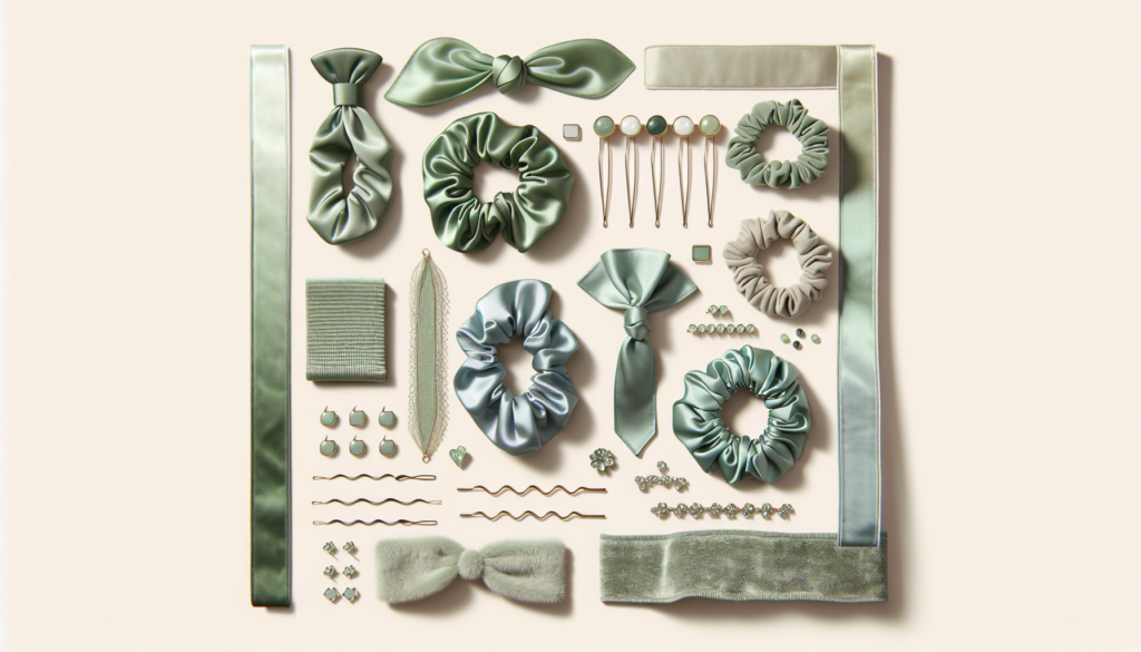 A collection of chic sage green hair accessories displayed elegantly: silk hair scarves, velvet scrunchies, metallic hairpins, and delicate headbands. Showcase these trendy styles in a minimalist sett