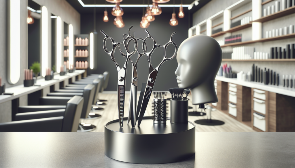 Create a detailed image of a professional hairdresser's workspace featuring various 5-inch hairdressing scissors with sleek, ergonomic designs. Display these scissors in a way that highlights their pr