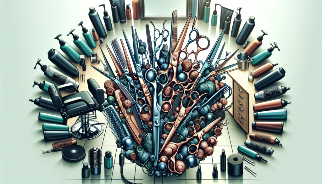 A detailed close-up image of a professional barber's workstation featuring a variety of high-quality barber scissors arranged neatly. Each pair of scissors showcases different lengths, designs, and ha