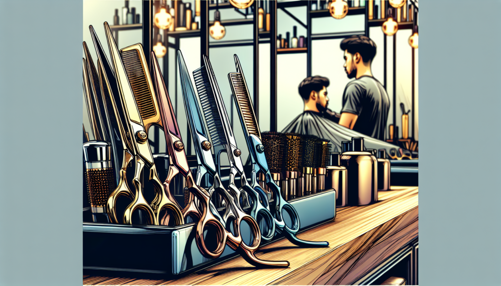 Create an image of a modern, aesthetically pleasing barbershop setting with a close-up focus on a variety of high-quality professional hair shears. The shears should be elegantly displayed on a sleek