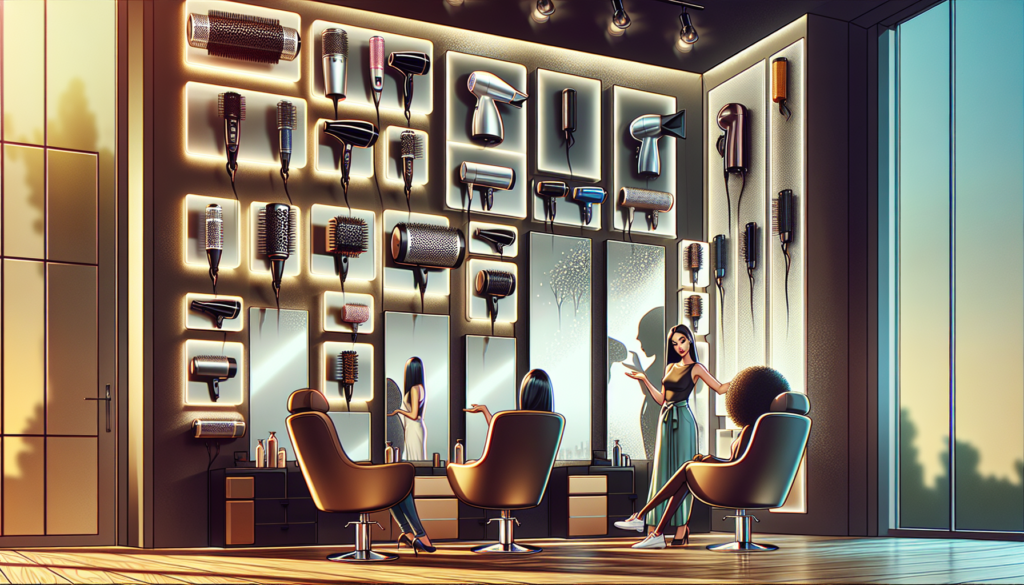 Create an image of a sleek, modern salon interior with various high-quality wall-mounted hair dryers on display. The salon should have stylish decor, including large mirrors, comfortable salon chairs,
