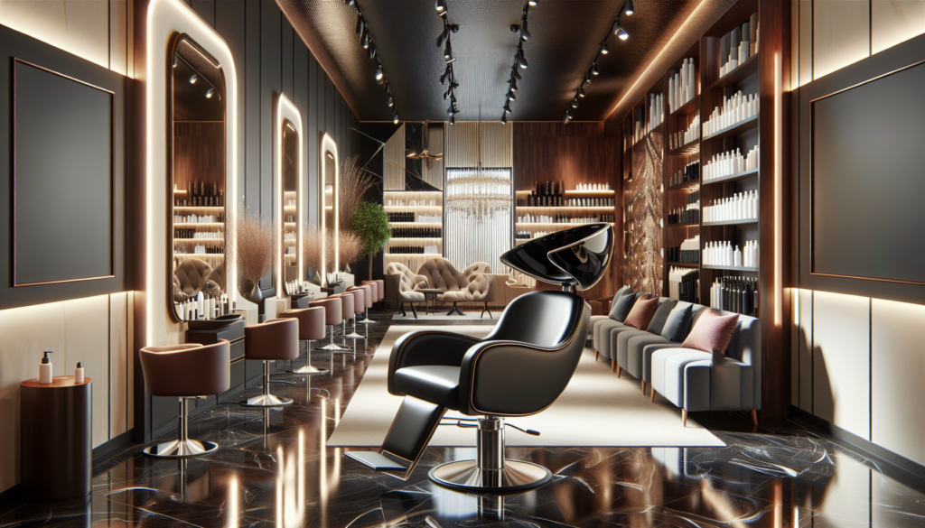 Prompt: A modern, chic hair salon studio with sleek decor, focusing on a high-quality black salon chair in the center. The black chair features luxurious upholstery, ergonomic design, and shiny metal