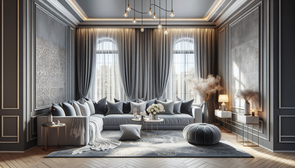 A cozy living room with elegant gray tones: a plush gray sectional sofa with matching throw pillows, a soft gray area rug with subtle patterns, gray curtains with sophisticated drapery, and a beautifu