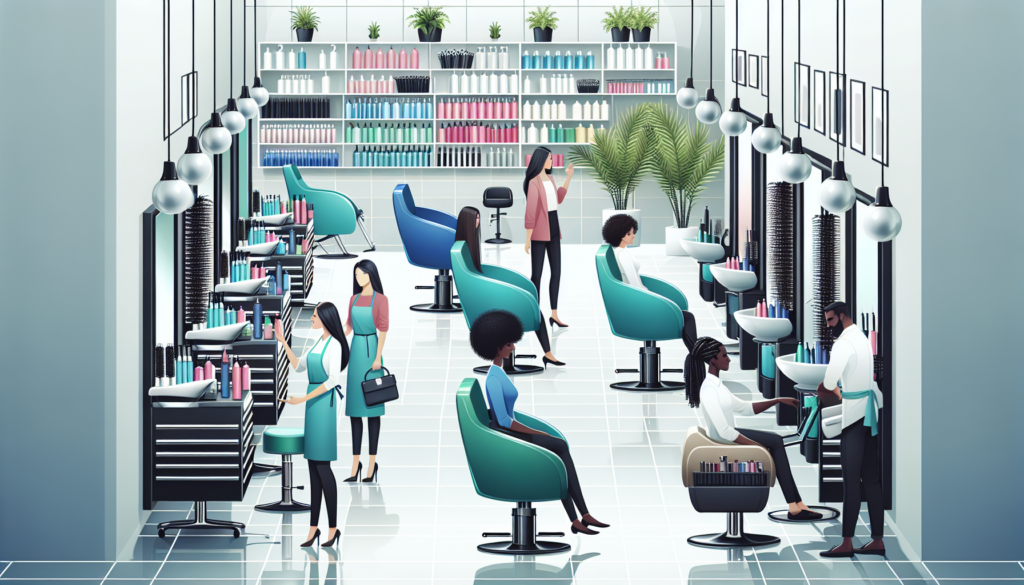 Create an image of a modern, stylish salon with various hair trolleys on display, each with different features and colors. The trolleys should have multiple drawers, compartments, and shelves, filled