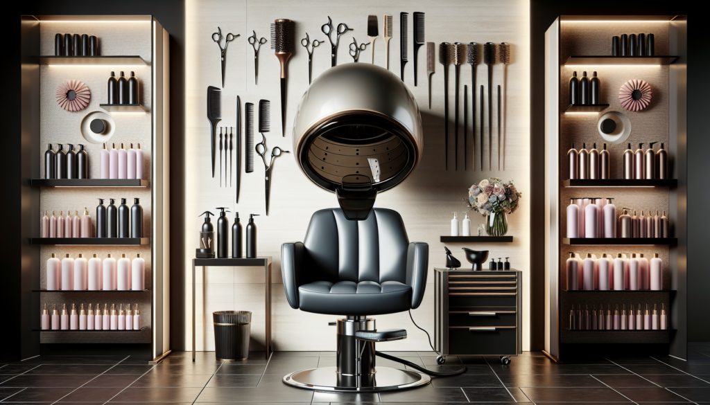 High-quality, modern salon interior featuring a stylish, comfortable hooded dryer chair in the foreground, with sleek lines, plush cushioning, and a shiny, professional finish. Various hairdressing to