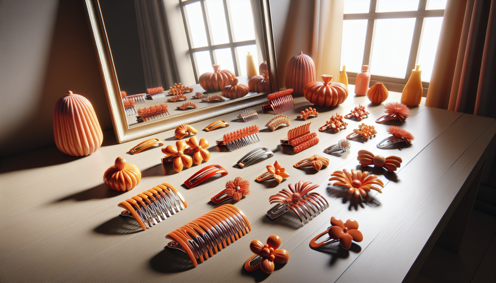 A vibrant, high-resolution image showcasing a variety of orange hair clips in different styles and designs—elegant, vintage, modern, bohemian, minimalist—arranged on a sleek wooden surface with a mirr