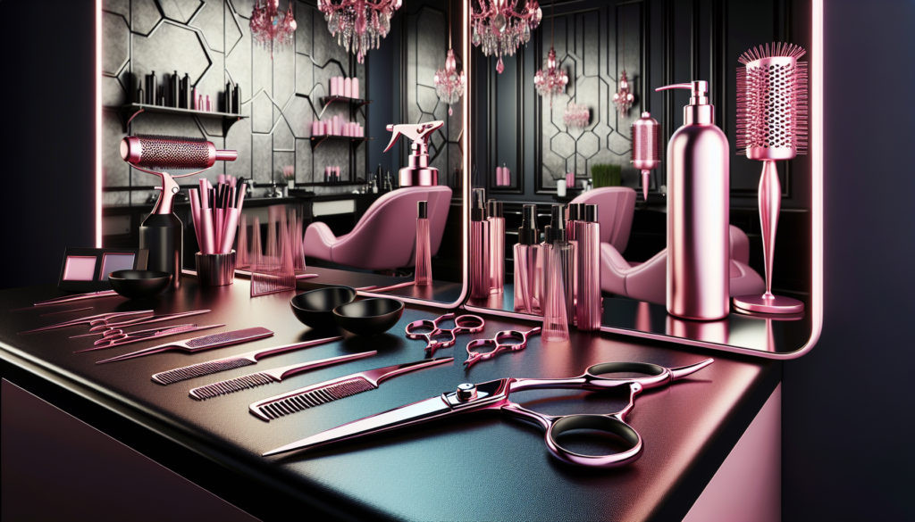 Create a detailed image of a set of sleek, modern pink hairdressing scissors placed on a professional salon workstation. The background should include elegant salon tools and decor such as combs, hair