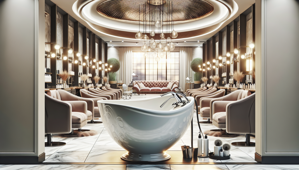 A sleek, modern salon interior featuring a luxurious porcelain shampoo bowl with elegant curvatures. The bowl is positioned in a well-lit, stylish wash area, surrounded by high-quality salon equipment