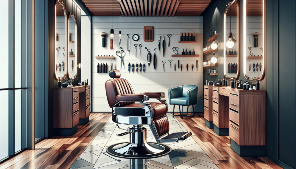 Create an image depicting a sleek, modern barbershop with a focus on a stylish, high-quality professional barber chair. The chair should have ergonomic design, rich leather upholstery, polished metal