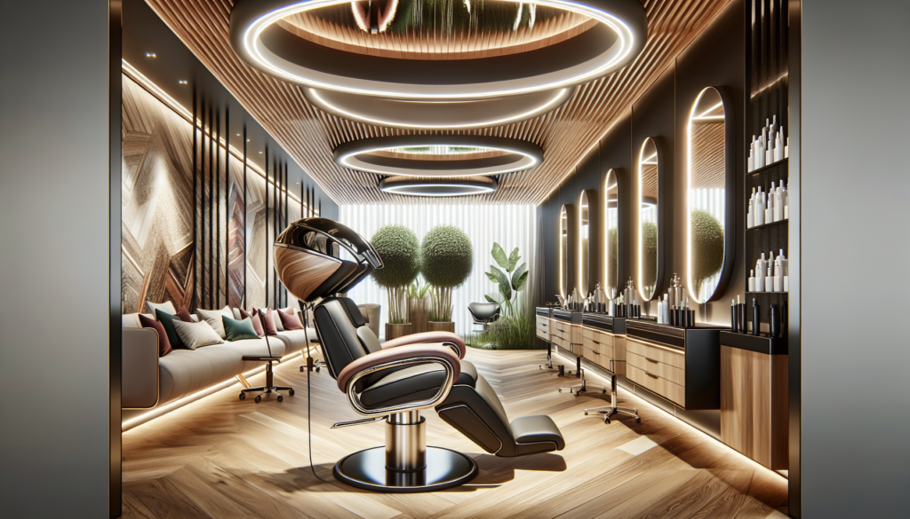 Create an image of a modern, stylish salon featuring a luxurious, ergonomically designed reclining hair stylist chair. The chair is a blend of sleek metal and plush, high-quality upholstery, perfectly