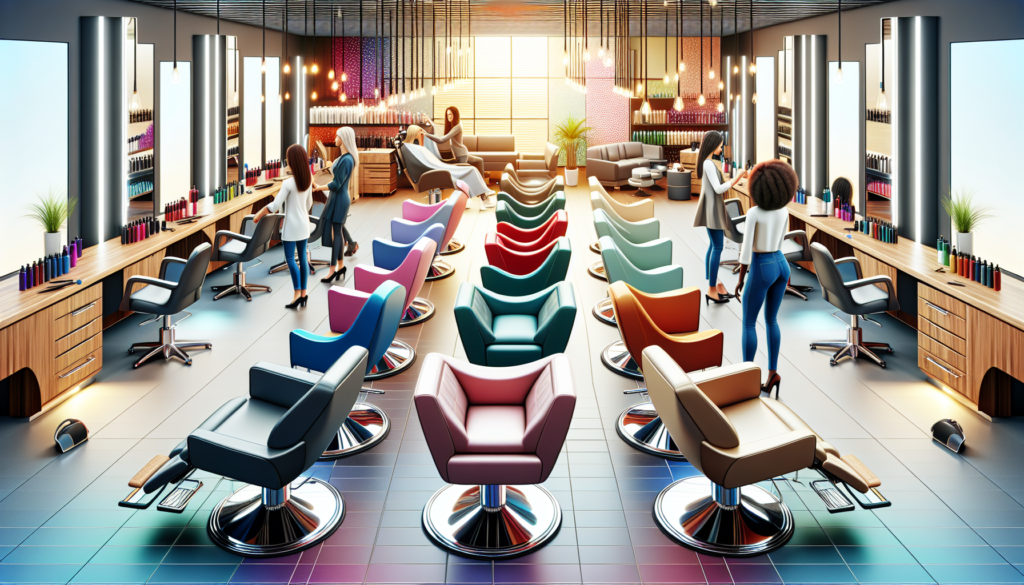 A modern salon interior with a variety of sleek, stylish reclining salon chairs. Each chair has unique features, such as ergonomic design, luxurious upholstery, and adjustable footrests. Show hairdres