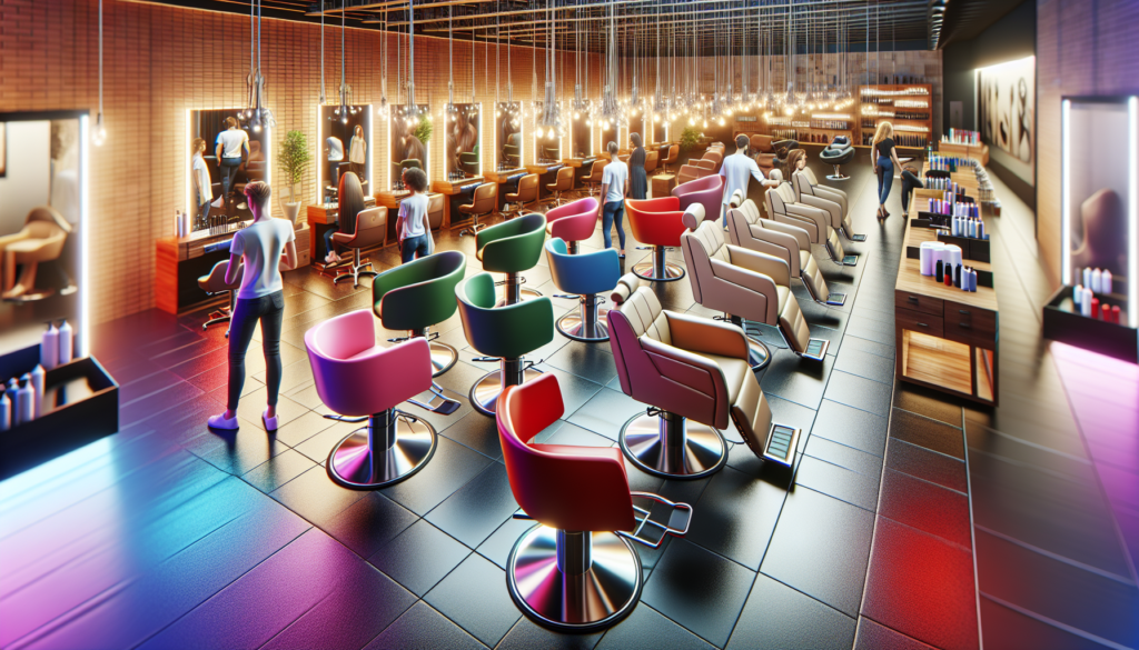 Create a highly detailed image of a modern, stylish salon with an array of professional salon chairs prominently displayed. Each chair should have unique features like ergonomic designs, adjustable he
