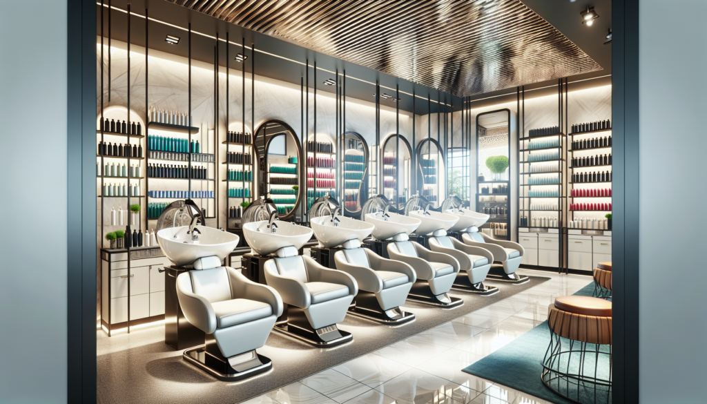 Create an image of a modern, brightly-lit salon showcasing a range of luxurious shampoo units. Each unit features ergonomic chairs, sleek basins, and elegant fixtures. The atmosphere should feel upsca