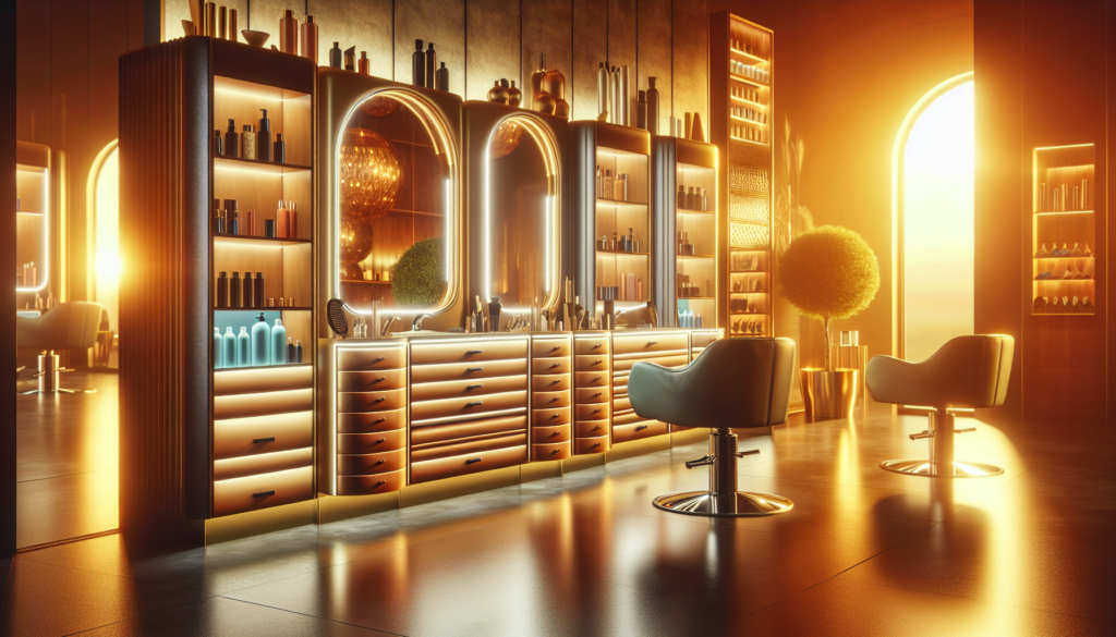 A brightly lit, modern salon featuring a sleek and elegant styling station cabinet. The cabinet is equipped with multiple drawers, a mirror, and storage for hair styling tools and products. The surrou