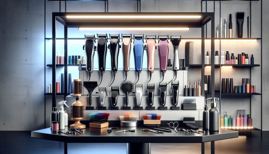 Create an image of a professional hairdresser's workstation showcasing a variety of hair clippers in different styles and sizes. Include a well-organized display with labeled clippers, highlighting fe