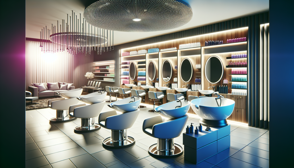 Create an image of a modern, stylish salon interior featuring a variety of high-quality, ergonomic shampoo bowls. Show different configurations such as built-in and freestanding systems, emphasizing c